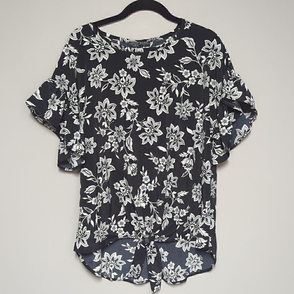 NWT Shop Basic Black Floral Short Sleeve Blouse